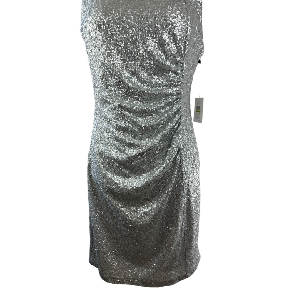 NWT Calvin Klein Sequin Ruched Sheath Shift Dress Silver Pleated Bodycon Size 14 - Picture 5 of 16